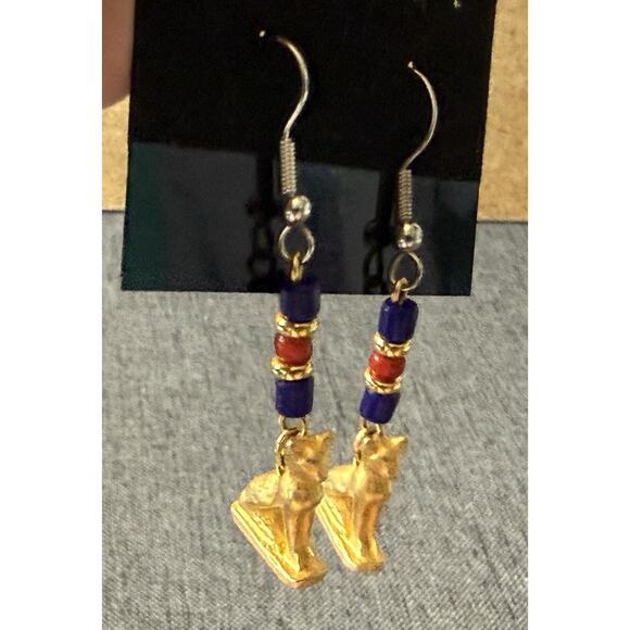 Egyptian Revival Cat Lover Bastet Dangle Pierced Earrings Pewter Carnelian Beads - Picture 6 of 11